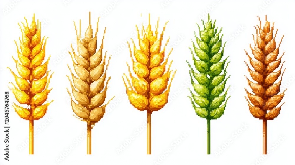 Obraz premium Five wheat ears in varied colors on a white background, depicted in pixel art style