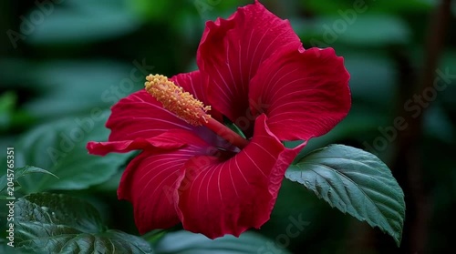 Red hibiscus flower blooming in tropical garden