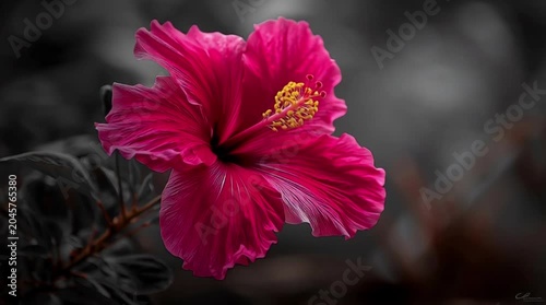 Vibrant magenta hibiscus flower in a dark moody garden