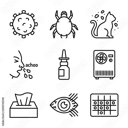Fotografie Allergy symptoms and common triggers medical line icon set with symptoms sneezin