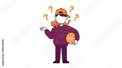 Photos Confused cartoon character with cat, basketball, and question marks
