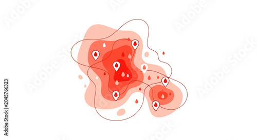 Abstract Red Heatmap with Location Pins, Data Visualization Concept