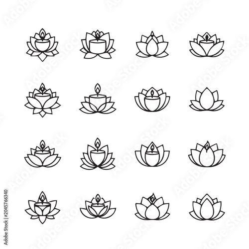 Lotus flower candle icons with subtle flame detail on white background for wellness branding