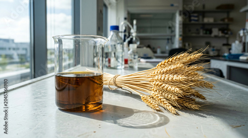 Wheat research and bio fuel liquid in glass beaker inside laboratory