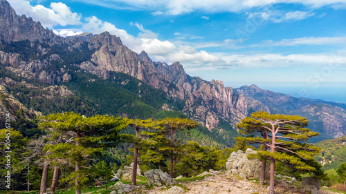 Corsica, Drone view of the Aiguilles de Bavella. The Aiguilles de Bavella dominate the Col de Bavella at 1218 m, connecting the Alta Rocca to the east coast of Corsica.
