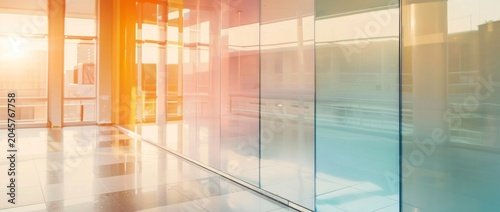 Sunlight shines through glass walls in empty space with tiled floor during evening hours