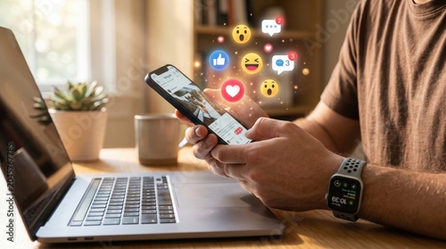 A person's hands holding a smartphone, scrolling through social media with various emoji icons floating above. The phone is on a table next to a laptop, with a plant and cup in the background