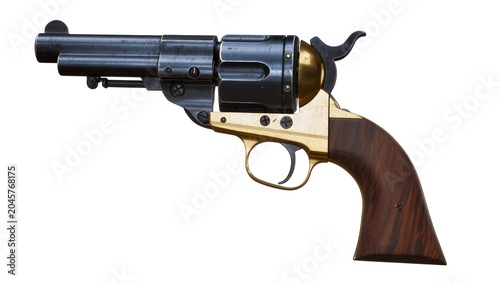 Fotografie Antique revolver with wooden grip and brass frame, isolated on transparent backg