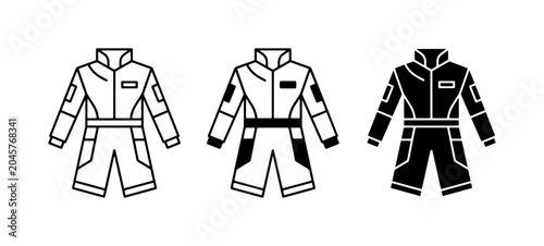 Fotografia Racing Suits, Jumpsuits, and Coveralls Vector Icons: White, Black, and Outline S