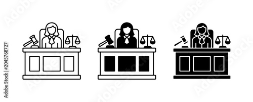 Foto Judge Icons, Courtroom Bench Symbols, Justice Scales, Gavel, Legal Authority Vec