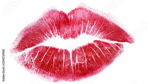 Foto Red lipstick kiss mark imprint, isolated on transparent background