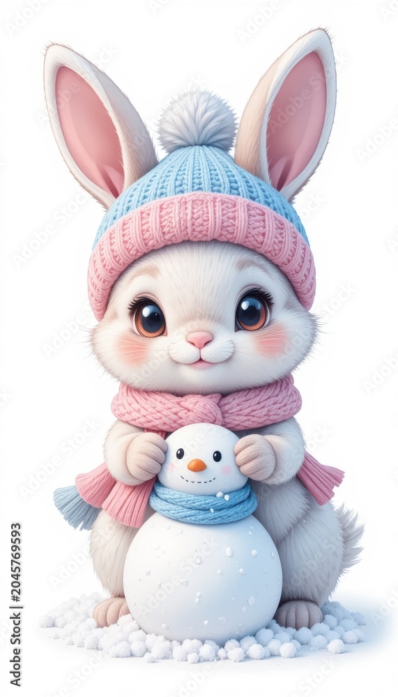 Fototapeta premium Adorable Bunny Building A Small Snowman In Winter