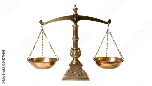 Fotografía Antique brass balance scale with ornate base, isolated on transparent background