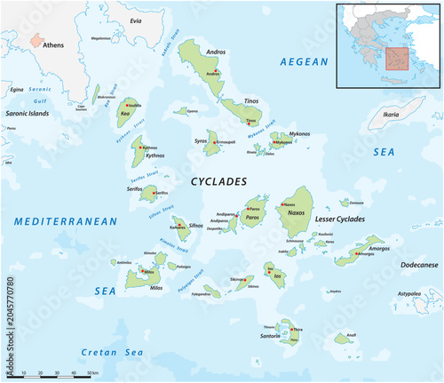 Map of the Greek archipelago of the Cyclades in the Aegean Sea