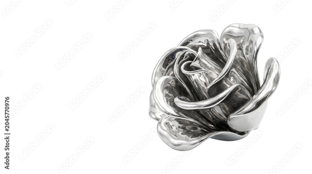 Naklejka premium Vintage silver rose jewelry, elegant metallic flower sculpture, antique chrome floral ornament with reflective petals and intricate details isolated PNG with Transparent Background