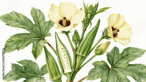 Quadro su tela fresh pod Okra plant isolated watercolor vector illustration svg