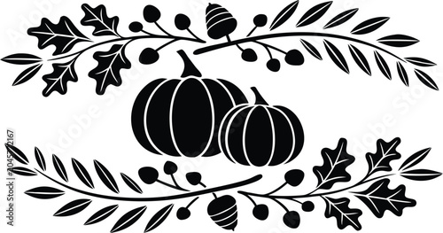 Φωτογραφία Black silhouette of two pumpkins surrounded by fall leaves and vines