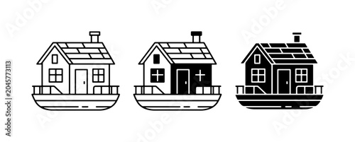 Canvastavla Floating House Icons, Houseboat Vector Graphics, Waterfront Dwelling Set