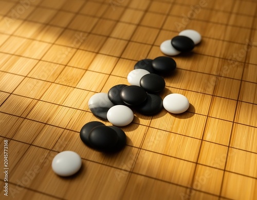 囲碁盤に置かれた白黒の碁石 (45文字)
