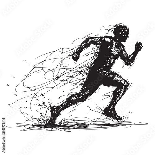 Εκτύπωση καμβά Monochrome Sketchy Runner Silhouette with Abstract Speed Lines on White