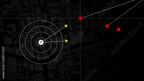 Military air defense radar screen detecting and shooting down an enemy missile. Futuristic tactical HUD interface tracking and eliminating an aerial threat, drone or plane.