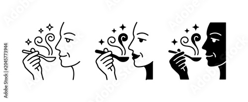 Tableau sur toile Savoring Aroma, Taste, and Scent Icons: Person Smelling Food on Spoon, Flavor Ex