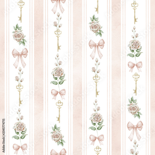 Rose seamless striped pattern with floral bouquets and ribbon decorations. Watercolor illustration of vintage background with flowers, bows and keys for wallpaper and textile. Pink pastel backdrop