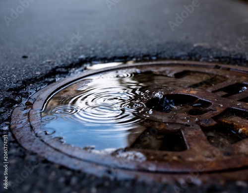 雨の日のマンホールの水たまり