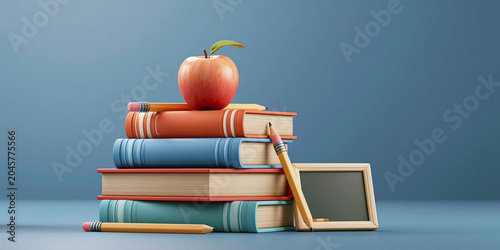Stack of books with apple and pencils