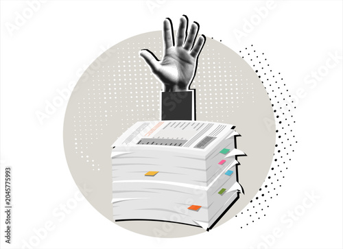 Trendy Halftone Collage Businessman needs help under a lot of bills, in the office and requests for help. Can not pay bills, having financial troubles. Planning budget concept. Vector