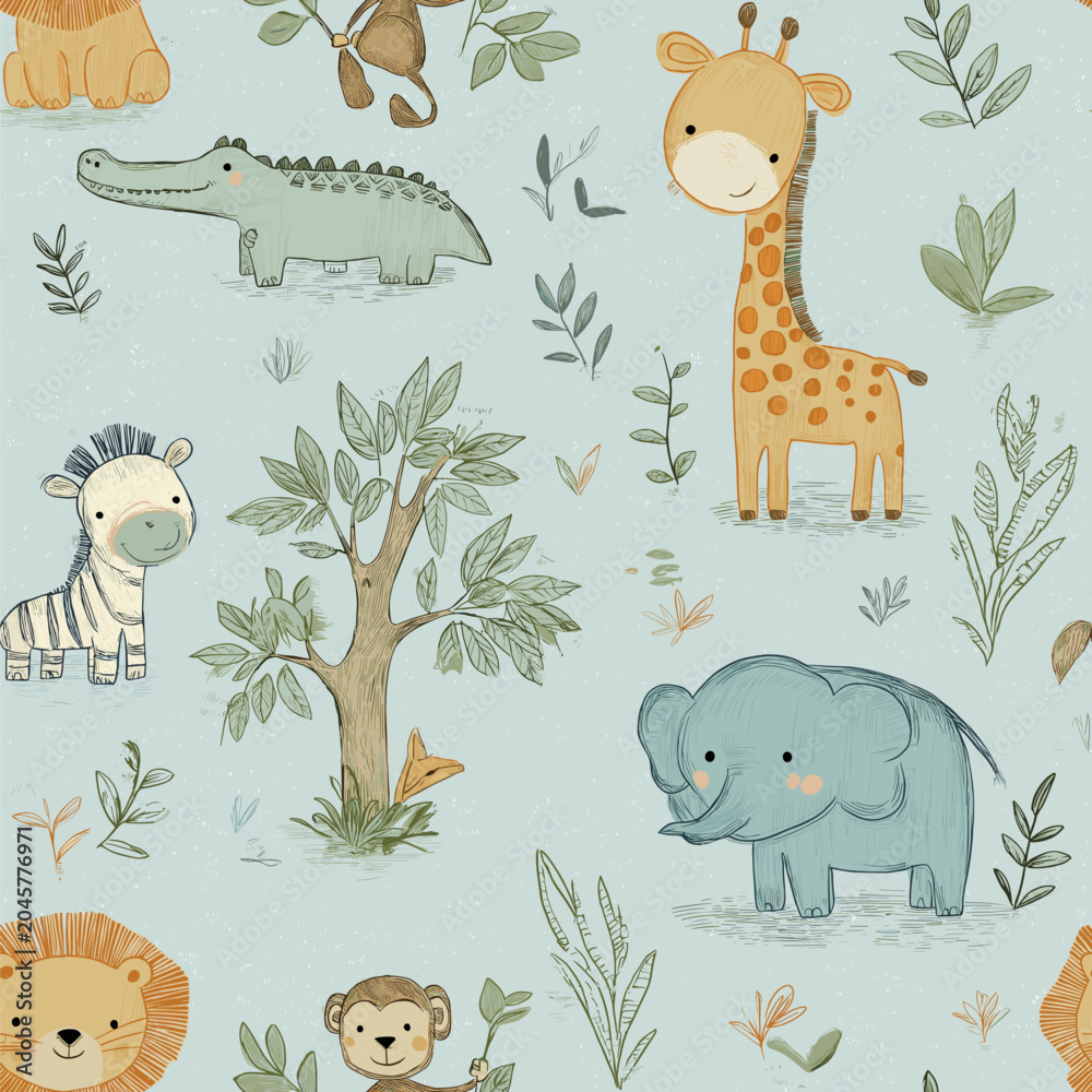Fototapeta premium Safari animals pattern with giraffes, elephants, and lions on a light blue background. Cute cartoon jungle animals seamless pattern