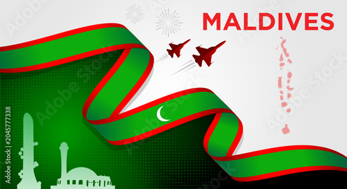 Принти на полотні Maldives National Day Background with Waving Flag Ribbon, Maldives Map and Skyli