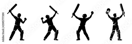 Cricket players set showing diverse batting poses and celebration silhouettes icon.