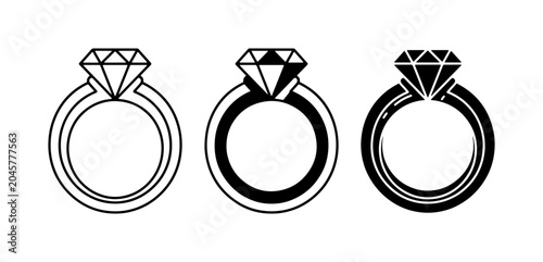 Schilderij op canvas Diamond Ring Icons, Engagement Jewelry Vector Set, Precious Gemstone Symbols, We