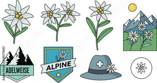 Photos Edelweiss Alpine Flower Vector Icon Set with Mountain Peaks Tyrolean Hats Badges