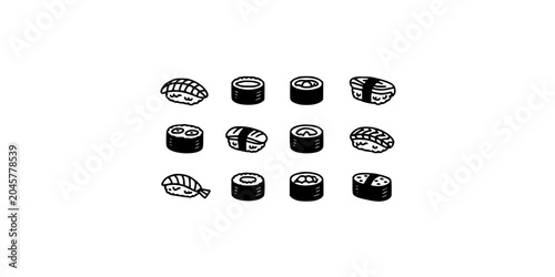 Sushi Rolls with Various Fillings and Toppings in a Black and White Illustration Featuring Japanese Cuisine, Food, Seafood with Rice and Nori