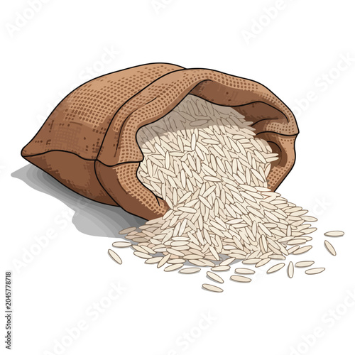 spilled long grain white rice in burlap sack vector illustration