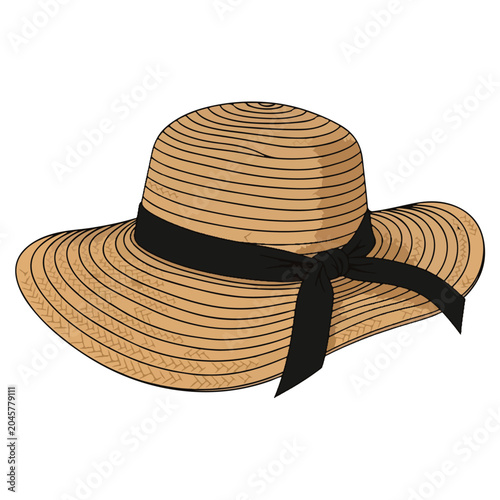 wide brim straw sunhat with black bow vector illustration
