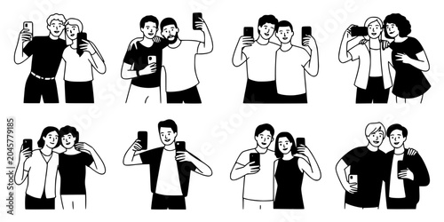 Man and Woman Couple Avatar Set in Black and White, Covering Hugs, Holding Hands, and Embracing Poses