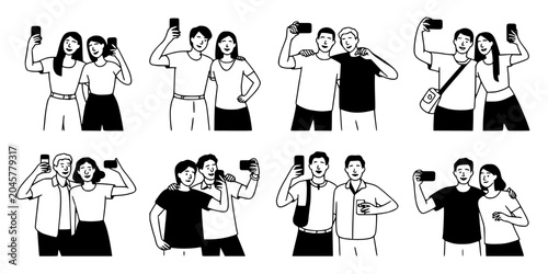 Man and Woman Posing with Fists and Hands Showing Gesture Silhouettes in Minimalist Black and White Illustration