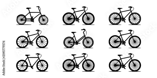 Bicycles in Various Designs and Styles Arranged in a Grid Pattern Featuring Bike, Cycling, Transportation with Black and White and Silhouette