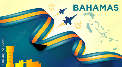 Quadro su tela Bahamas National Day Background with Waving Flag Ribbon, Bahamas Map and Skyline