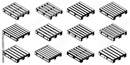 Pallets of Wood with Black Stripes, Vector Icon Set, Warehouse Logistics, Shipping Packaging, Transport Equipment, Multiple Angles
