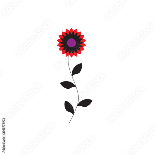 Flat design of a single dark branch with three bright pink cherry blossoms, minimalist geometric style, no outlines, plain white background.