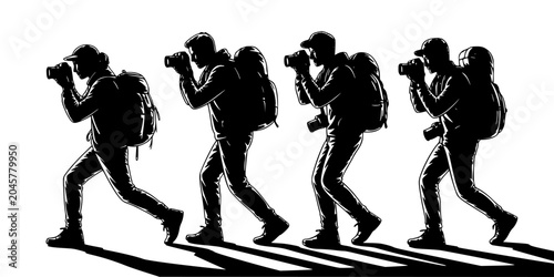 Backpacks, Hands in Pockets, and School Students Walking in a Line in Black Silhouette on a Simple White Background