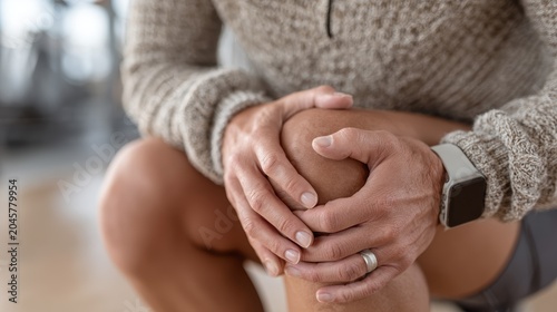 A close-up of a person gently holding their knee, showcasing the struggle with discomfort, illustrating a moment of care and concern towards physical health and wellness.