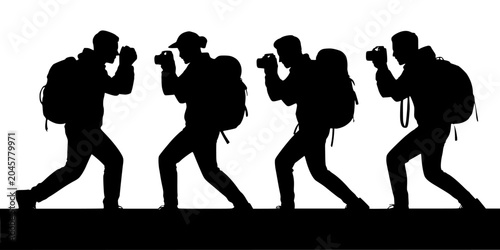 Silhouette of Hikers Walking with Backpacks Across a Landscape, Black Cutout Style on a White Background