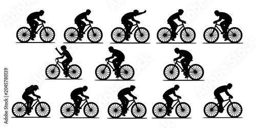 Bicyclists Riding in Various Poses on Bicycles in a Silhouette Style Featuring Black, White, Cycling with Motion and Action Elements for Sports