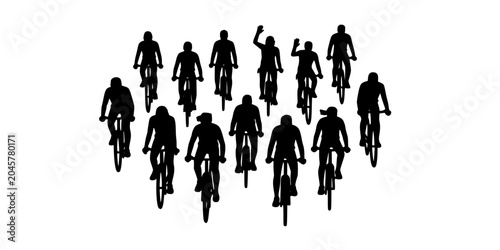 Cyclists Riding Bicycles in a Group, Depicted as Black Silhouettes on a White Background. Featuring Outdoor, Activity, Sports with Exercise