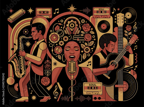Bild auf Leinwand Vintage Soul and Jazz Music Illustration Featuring a Singer, Saxophonist, and Guitarist with Retro Elements like Vinyl Records and Cassettes in a 70s Graphic Art Style